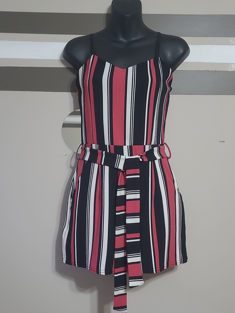 NWOT Eclipse Maroon/Black/White  Striped Belted Cami Romper Sz Small